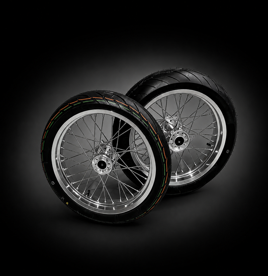 Chrome Ultra Bee Supermoto Wheelset by Cltridez featuring sleek, shiny wheels designed for high-performance supermoto motorcycles.
