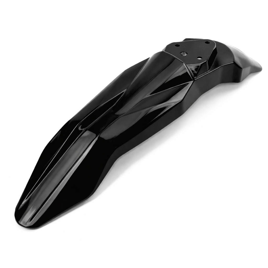Soleil Supplies Talaria front fender for bicycle, showcasing sleek black design and durable metal construction.