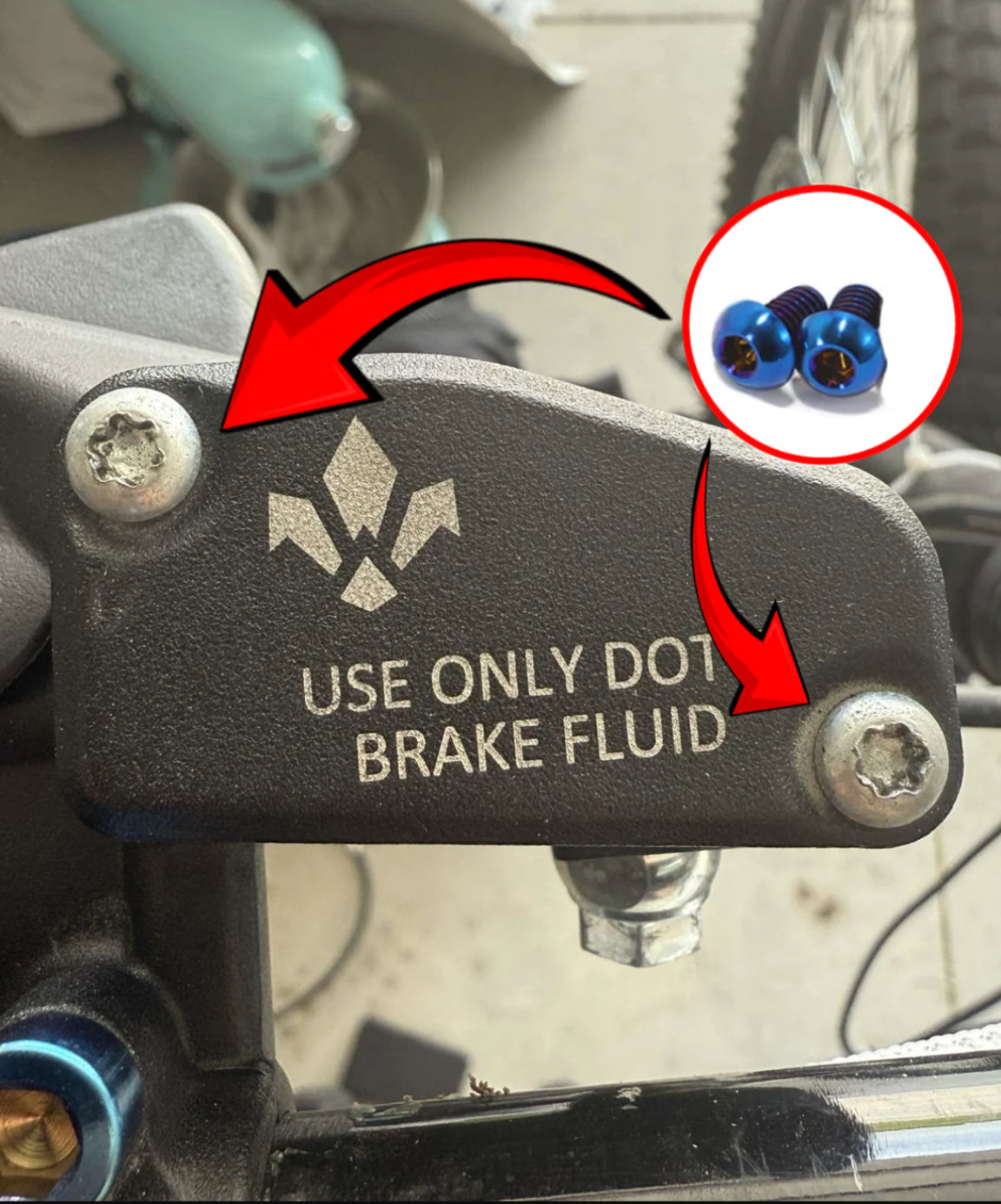 Titanium brake reservoir bolts by Mxp_designs, showing a close-up of the sleek, lightweight fasteners for motorcycle brake systems.