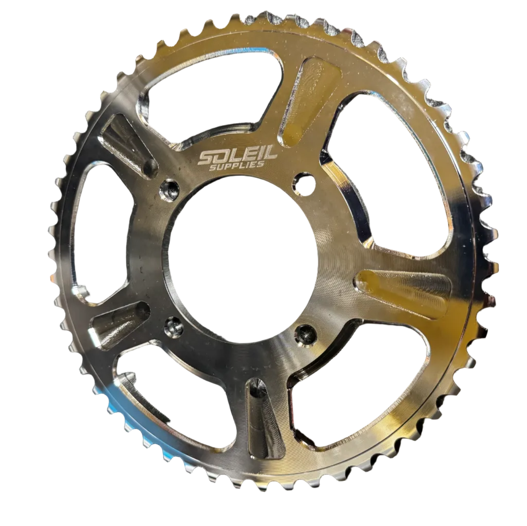Soleil Supplies Tuttio Soleil 01 upgraded 52-tooth rear sprocket on bike, showcasing durable metal gear for cycling performance.