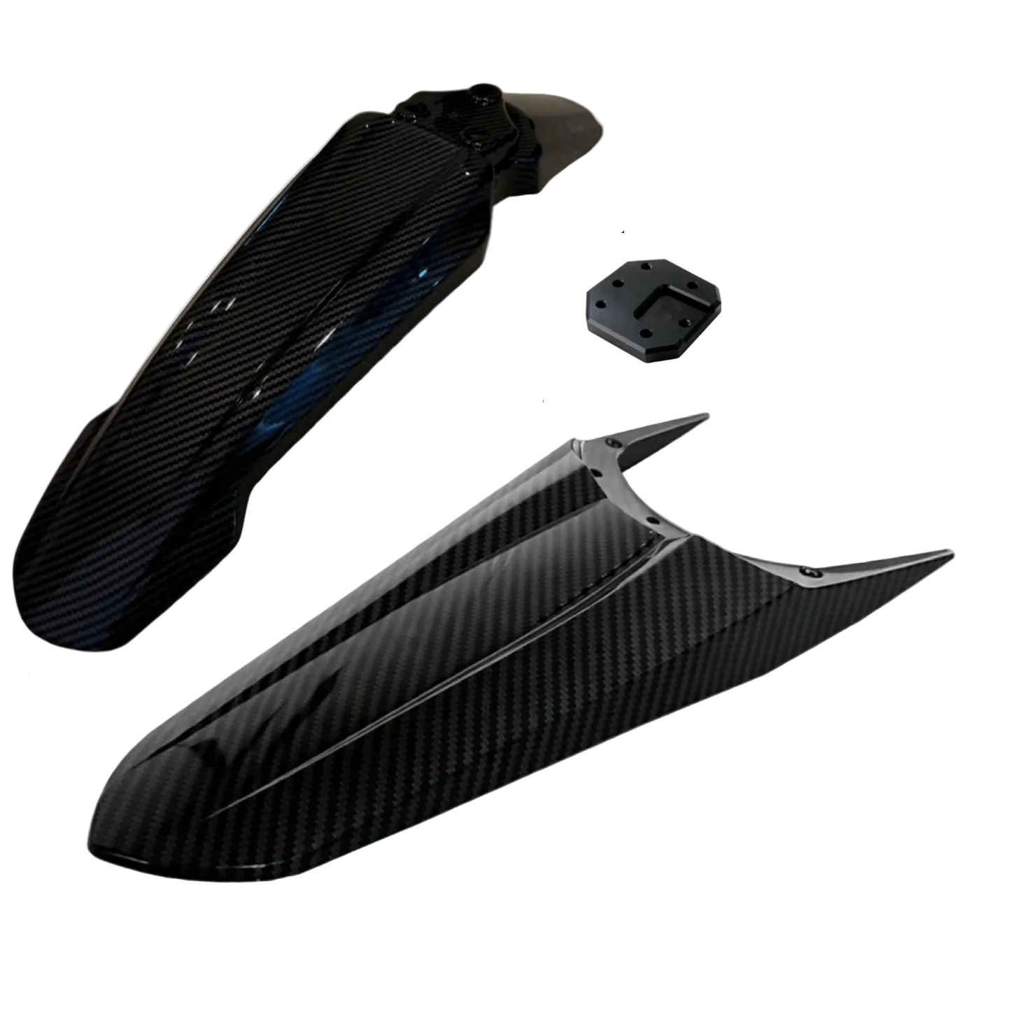 Front and rear view of the Soleil Supplies Tuttio Soleil 01 Upgraded Fender Kit for SURRON electric bikes, featuring carbon fiber details.