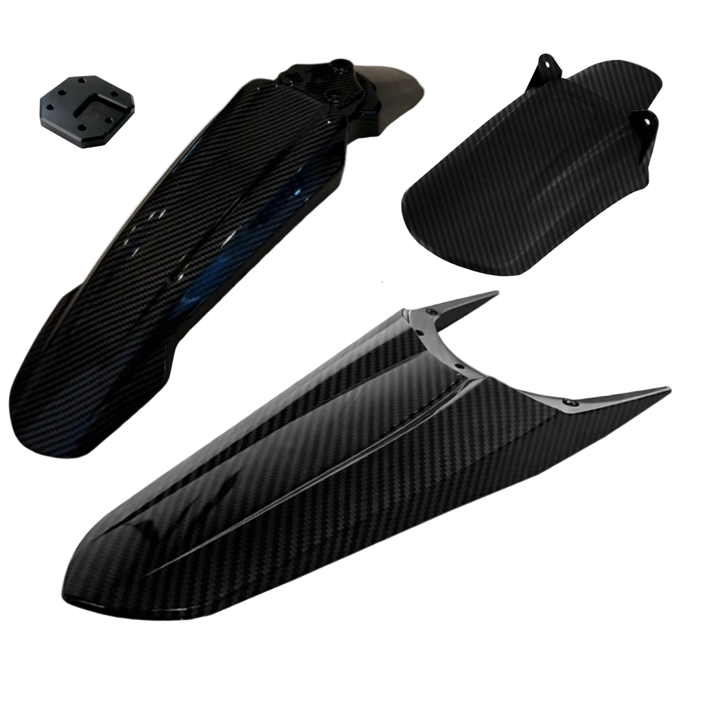 Soleil Supplies Tuttio Soleil 01 Fender Kit with carbon mudguard, showing front and rear views on a SurRon electric bike.