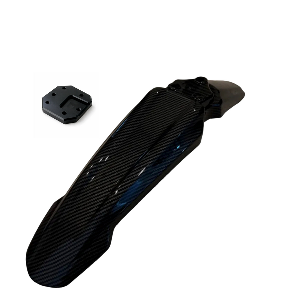 Surron front fender by Soleil Supplies, carbon fiber design with attached adapter for off-road electric bike protection.