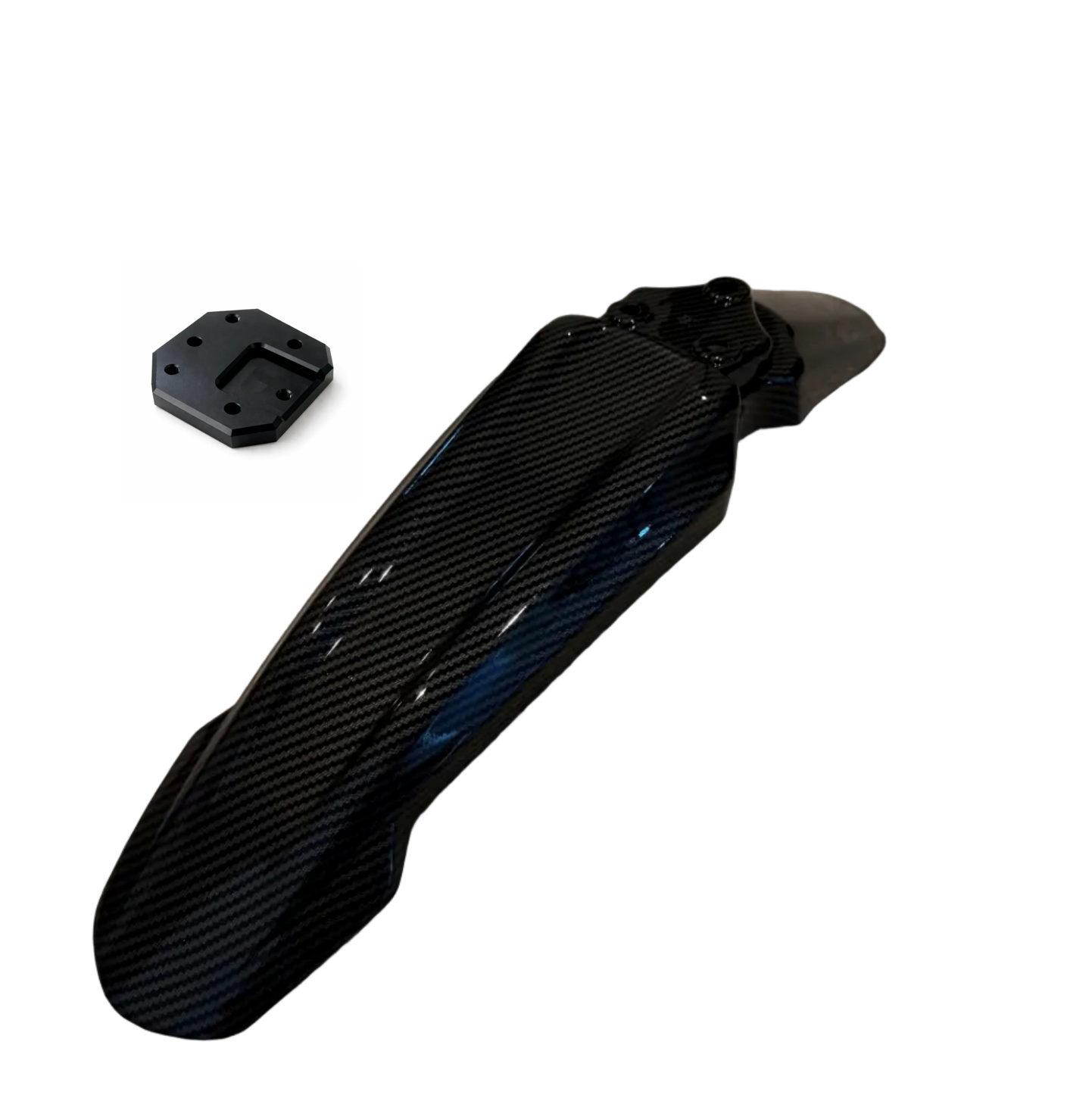 Surron front fender by Soleil Supplies, carbon fiber design with attached adapter for off-road electric bike protection.