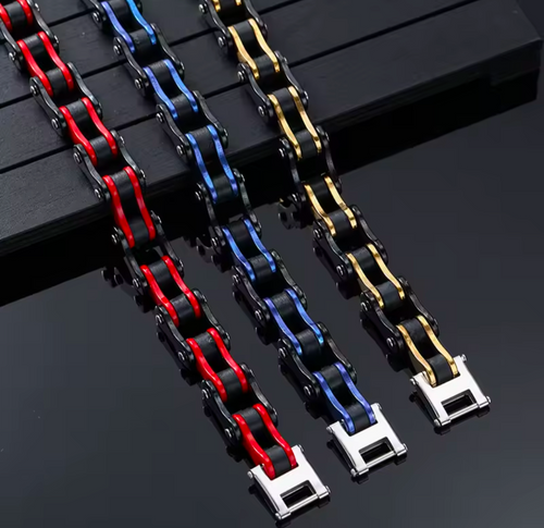 South Coast Moto chain link bracelet with interlocking metal links, showcasing a stylish and durable accessory design.