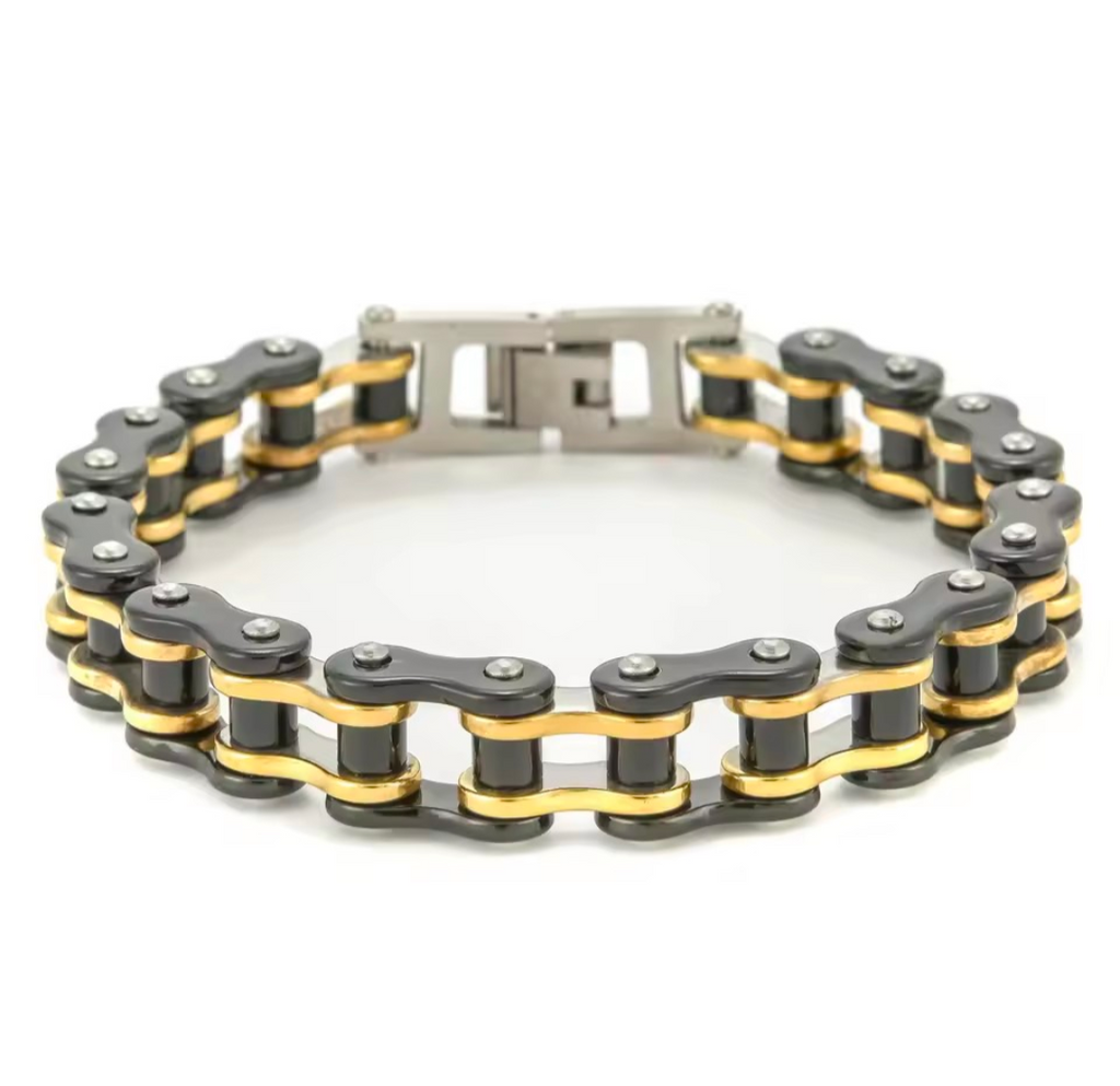 South Coast Moto chain link bracelet with interlocking metal links, showcasing a stylish and durable jewelry accessory.