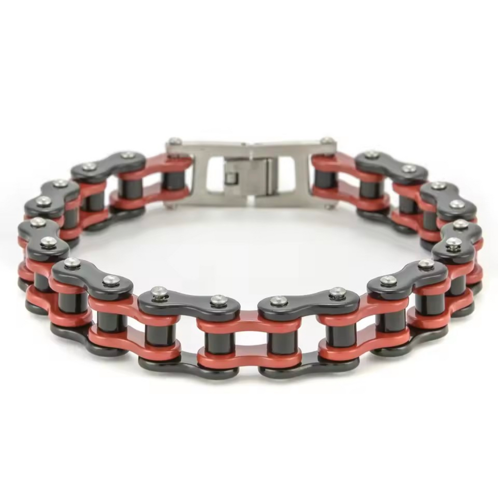 Silver chain link bracelet from South Coast Moto featuring a sleek, interconnected design on a neutral background.