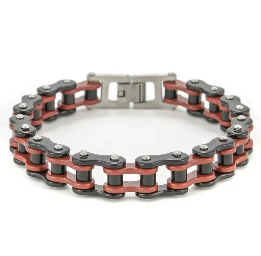 Silver chain link bracelet from South Coast Moto featuring a sleek, interconnected design on a neutral background.