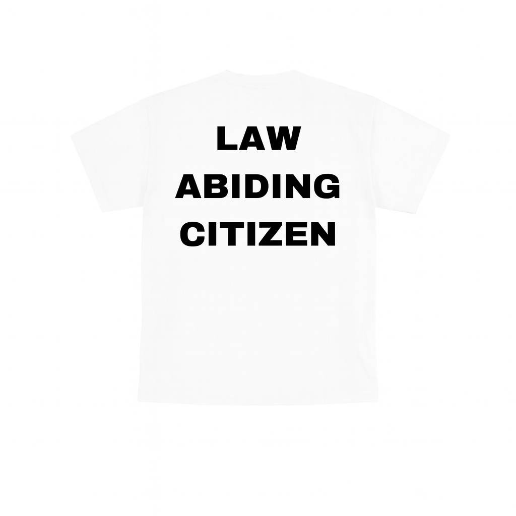 White "Law Abiding Citizen" shirt by Forged Racing featuring bold graphic design and comfortable fit.